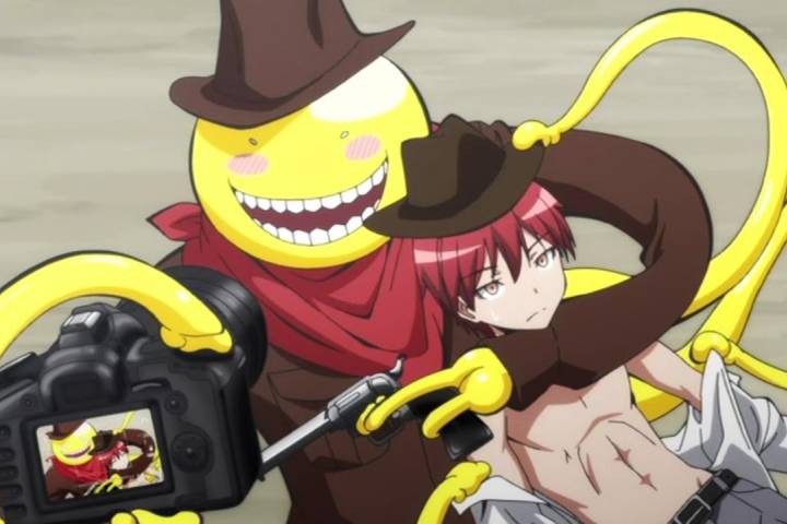 Koro-sensei taking snapshot, Karma Akabane wearing hat with shirt unbuttoned, Assassination Classroom Second Season