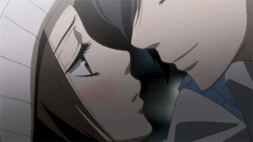 2 anime girl kissing on a bed