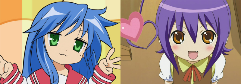 Konata Izumi and Sumi Kuroi with ahoge hair, Lucky Star and Moetan