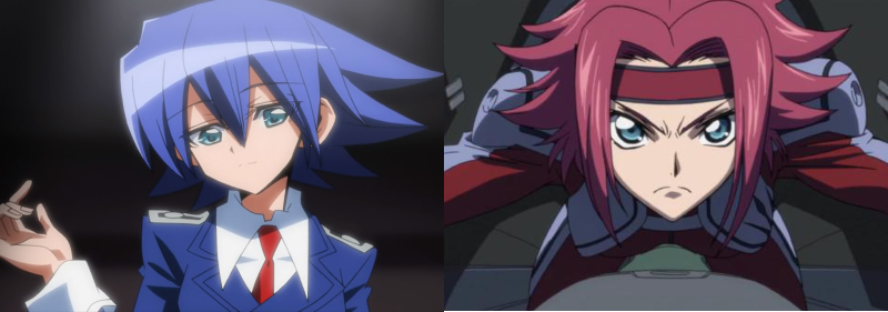 Setsuna and Kallen Stadtfeld with spiky hairstyles, Needless and Code Geass: Lelouch of the Rebellion