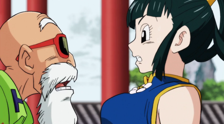 Master Roshi leering at Yurin, Master Roshi, Yurin, Dragon Ball Super