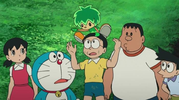 Doraemon and Takeshi Gouda stare at Kibo, Doraemon, Kiba, Takeshi Gouda, Doraemon the Movie: Nobita and the Green Giant Legend